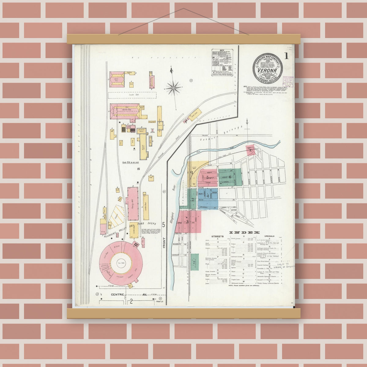 Old map wall art mockup — magnetic wood frame on brick wall — Sanborn Fire Insurance Map from Verona, Allegheny County, Pennsylvania (1905) - Complete Map Set