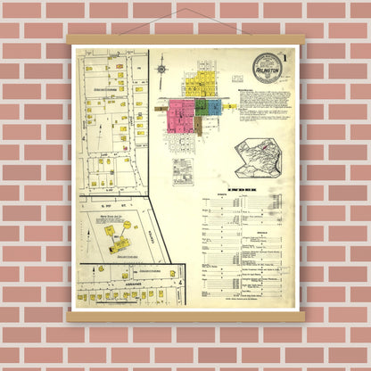 Old map wall art mockup — magnetic wood frame on brick wall — Sanborn Fire Insurance Map from Arlington, Tarrant County, Texas (1917), Sheet #0001