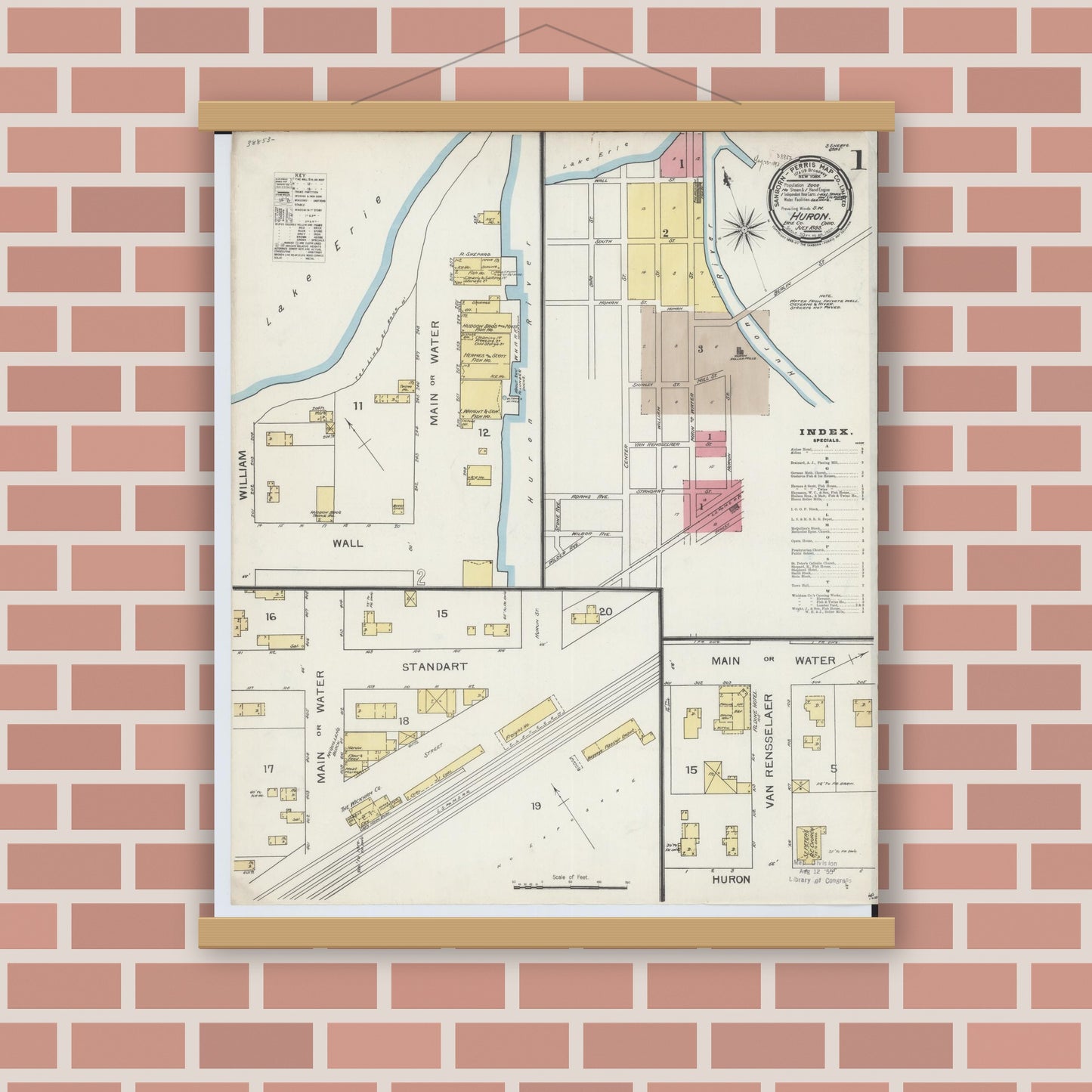 Old map wall art mockup — magnetic wood frame on brick wall — Sanborn Fire Insurance Map from Huron, Erie County, Ohio (1893), Sheet #0001