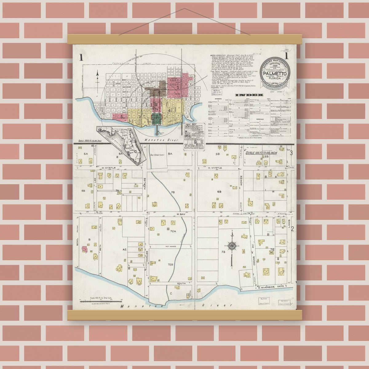 Old map wall art mockup — magnetic wood frame on brick wall — Sanborn Fire Insurance Map from Palmetto, Manatee County, Florida (1923), Sheet #0001