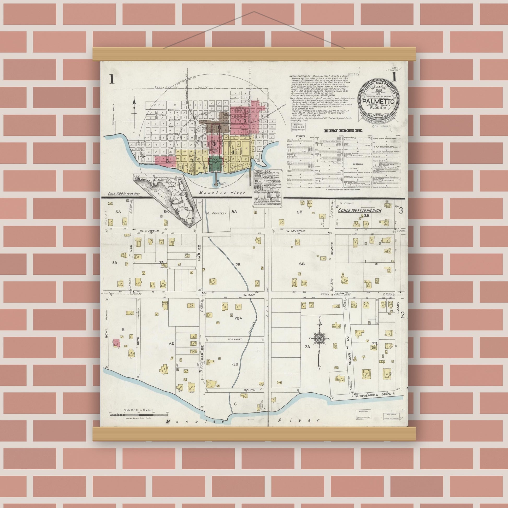 Old map wall art mockup — magnetic wood frame on brick wall — Sanborn Fire Insurance Map from Palmetto, Manatee County, Florida (1923), Sheet #0001