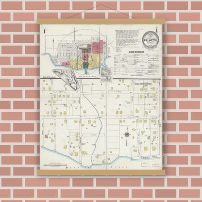 Old map wall art mockup — magnetic wood frame on brick wall — Sanborn Fire Insurance Map from Palmetto, Manatee County, Florida (1923), Sheet #0001