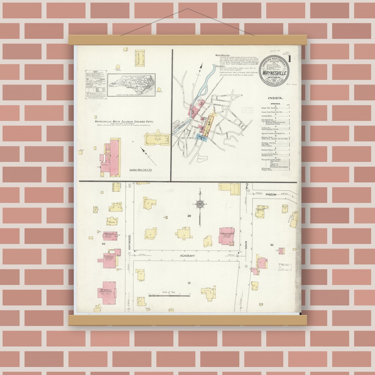 Old map wall art mockup — magnetic wood frame on brick wall — Sanborn Fire Insurance Map from Waynesville, Haywood County, North Carolina (1913), Sheet #0001