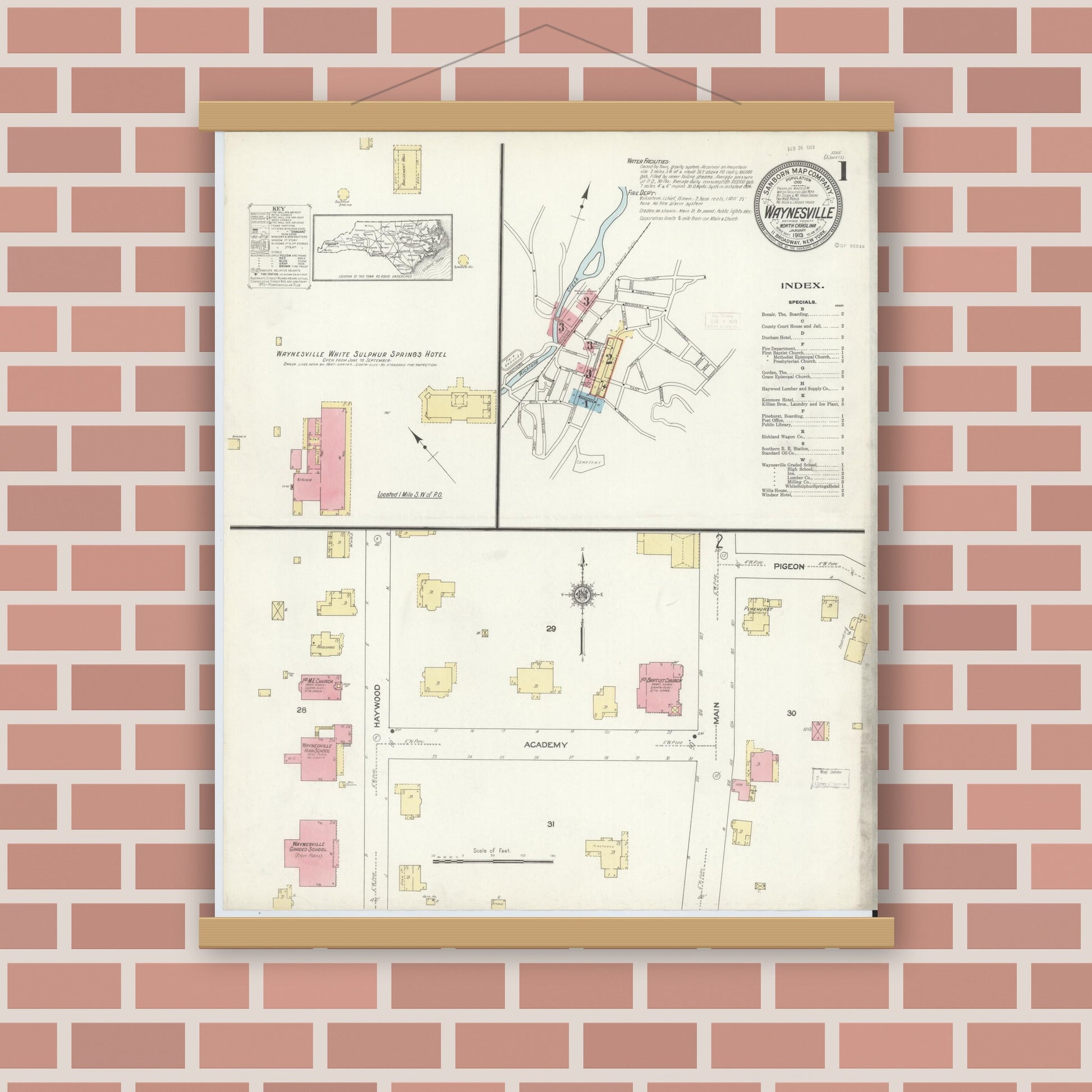 Old map wall art mockup — magnetic wood frame on brick wall — Sanborn Fire Insurance Map from Waynesville, Haywood County, North Carolina (1913), Sheet #0001