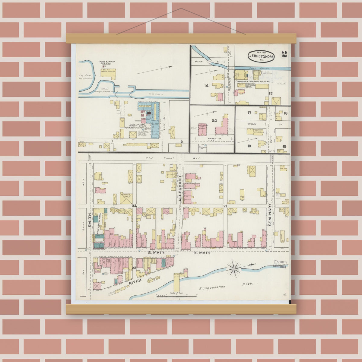 Old map wall art mockup — magnetic wood frame on brick wall — Sanborn Fire Insurance Map from Jersey Shore, Lycoming County, Pennsylvania (1891), Sheet #0002