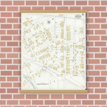 Old map wall art mockup — magnetic wood frame on brick wall — Sanborn Fire Insurance Map from Parsons, Luzerne County, Pennsylvania (1908), Sheet #0003