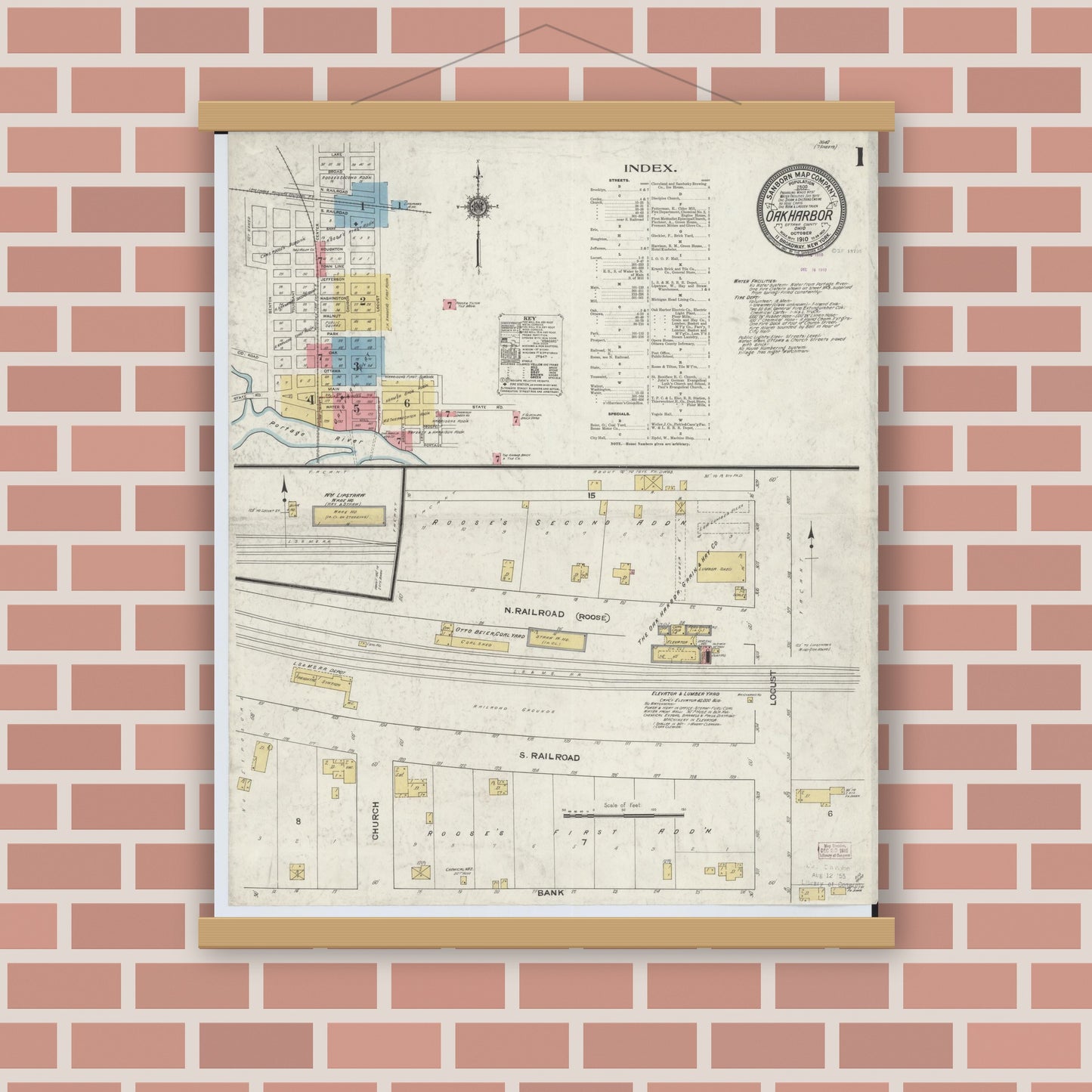 Old map wall art mockup — magnetic wood frame on brick wall — Sanborn Fire Insurance Map from Oak Harbor, Ottawa County, Ohio (1910) - Complete Map Set