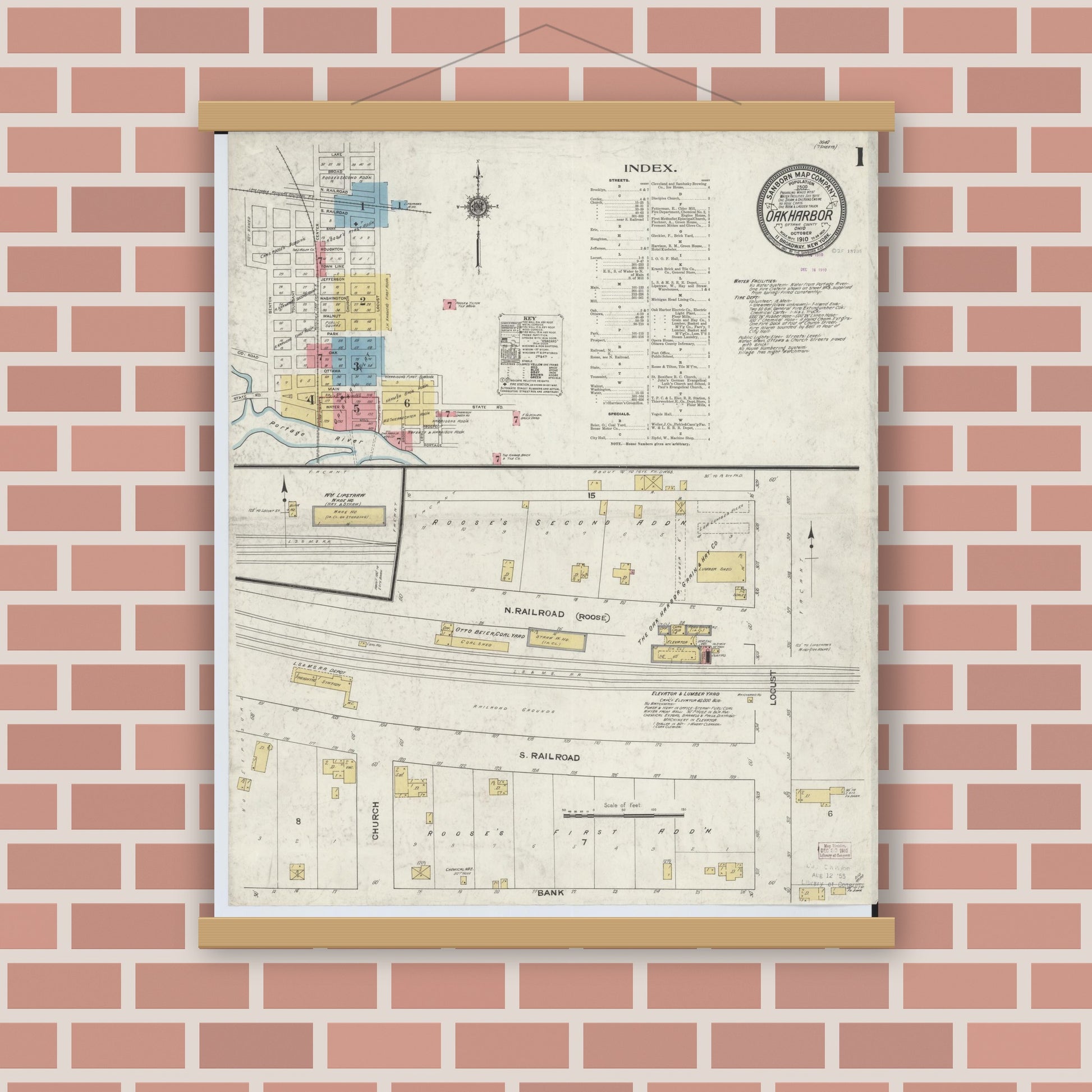 Old map wall art mockup — magnetic wood frame on brick wall — Sanborn Fire Insurance Map from Oak Harbor, Ottawa County, Ohio (1910) - Complete Map Set