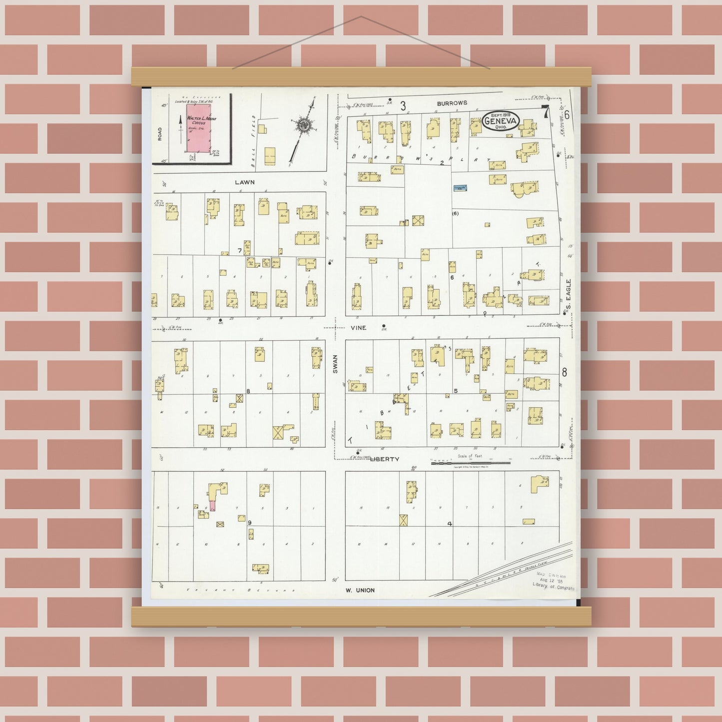 Old map wall art mockup — magnetic wood frame on brick wall — Sanborn Fire Insurance Map from Geneva, Ashtabula County, Ohio (1919), Sheet #0007