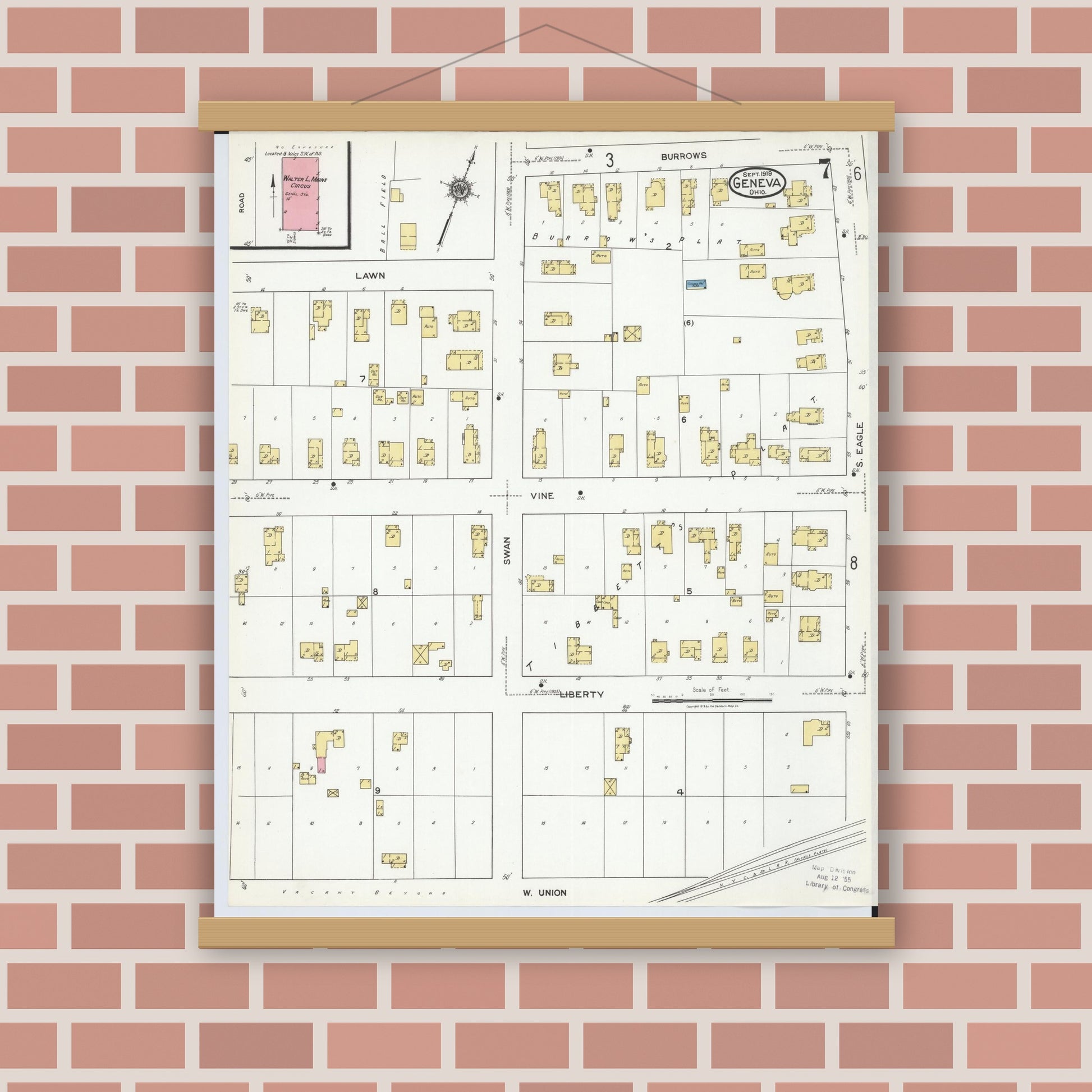 Old map wall art mockup — magnetic wood frame on brick wall — Sanborn Fire Insurance Map from Geneva, Ashtabula County, Ohio (1919), Sheet #0007