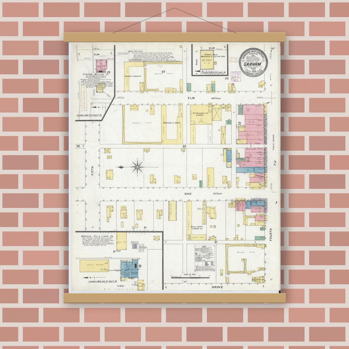 Old map wall art mockup — magnetic wood frame on brick wall — Sanborn Fire Insurance Map from Graham, Young County, Texas (1908) - Complete Map Set