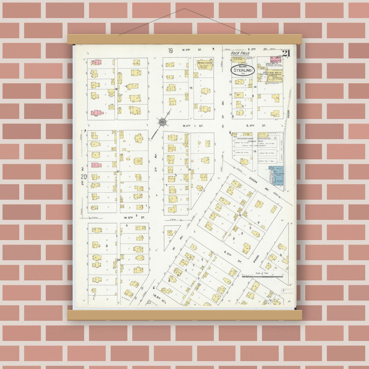 Old map wall art mockup — magnetic wood frame on brick wall — Sanborn Fire Insurance Map from Sterling, Whiteside County, Illinois (1910), Sheet #0021
