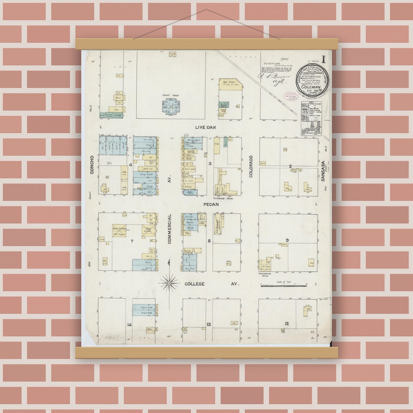 Old map wall art mockup — magnetic wood frame on brick wall — Sanborn Fire Insurance Map from Coleman, Coleman County, Texas (1888) - Complete Map Set