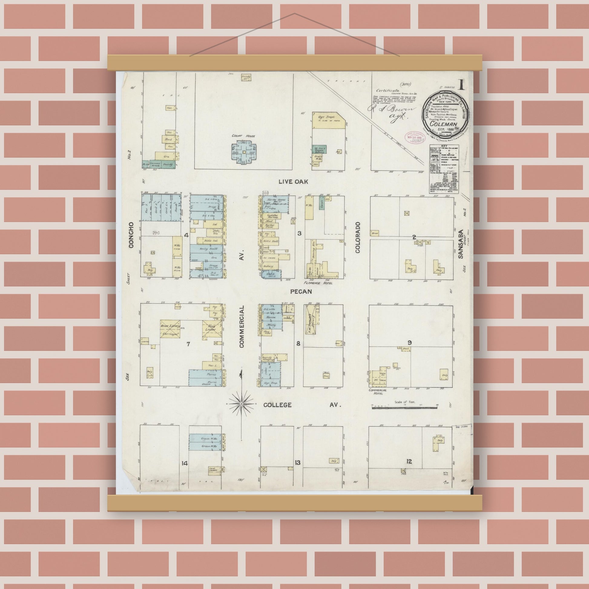 Old map wall art mockup — magnetic wood frame on brick wall — Sanborn Fire Insurance Map from Coleman, Coleman County, Texas (1888) - Complete Map Set