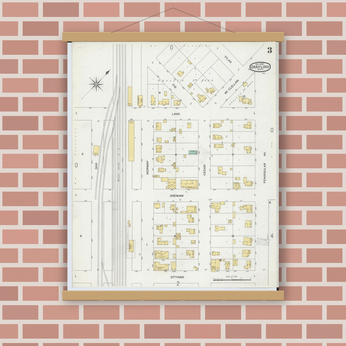 Old map wall art mockup — magnetic wood frame on brick wall — Sanborn Fire Insurance Map from Grayling, Crawford County, Michigan (1900), Sheet #0003