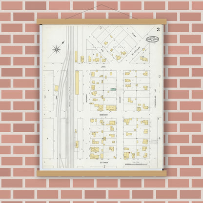 Old map wall art mockup — magnetic wood frame on brick wall — Sanborn Fire Insurance Map from Grayling, Crawford County, Michigan (1900), Sheet #0003