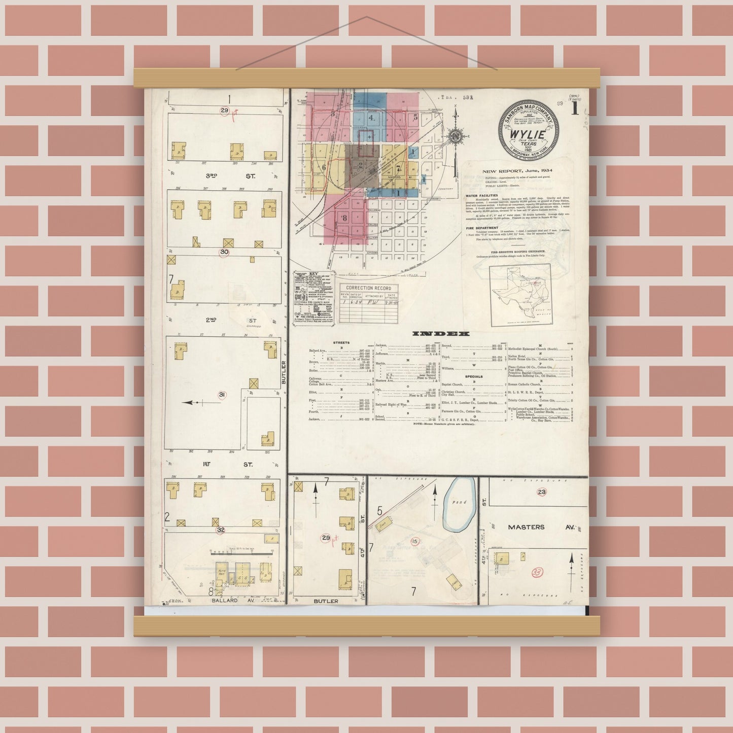 Old map wall art mockup — magnetic wood frame on brick wall — Sanborn Fire Insurance Map from Wylie, Collin County, Texas (1934), Sheet #0001