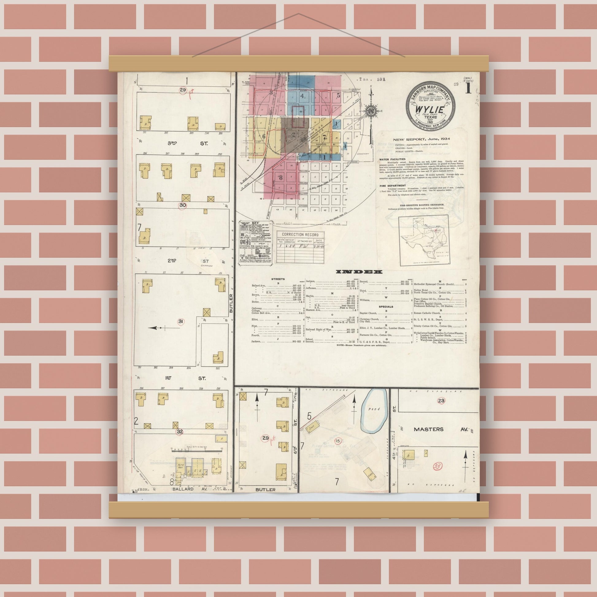 Old map wall art mockup — magnetic wood frame on brick wall — Sanborn Fire Insurance Map from Wylie, Collin County, Texas (1934), Sheet #0001