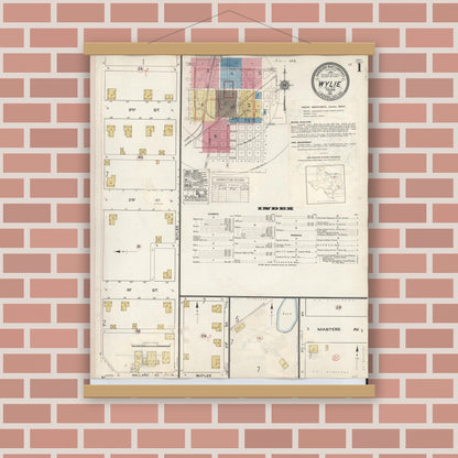 Old map wall art mockup — magnetic wood frame on brick wall — Sanborn Fire Insurance Map from Wylie, Collin County, Texas (1934), Sheet #0001