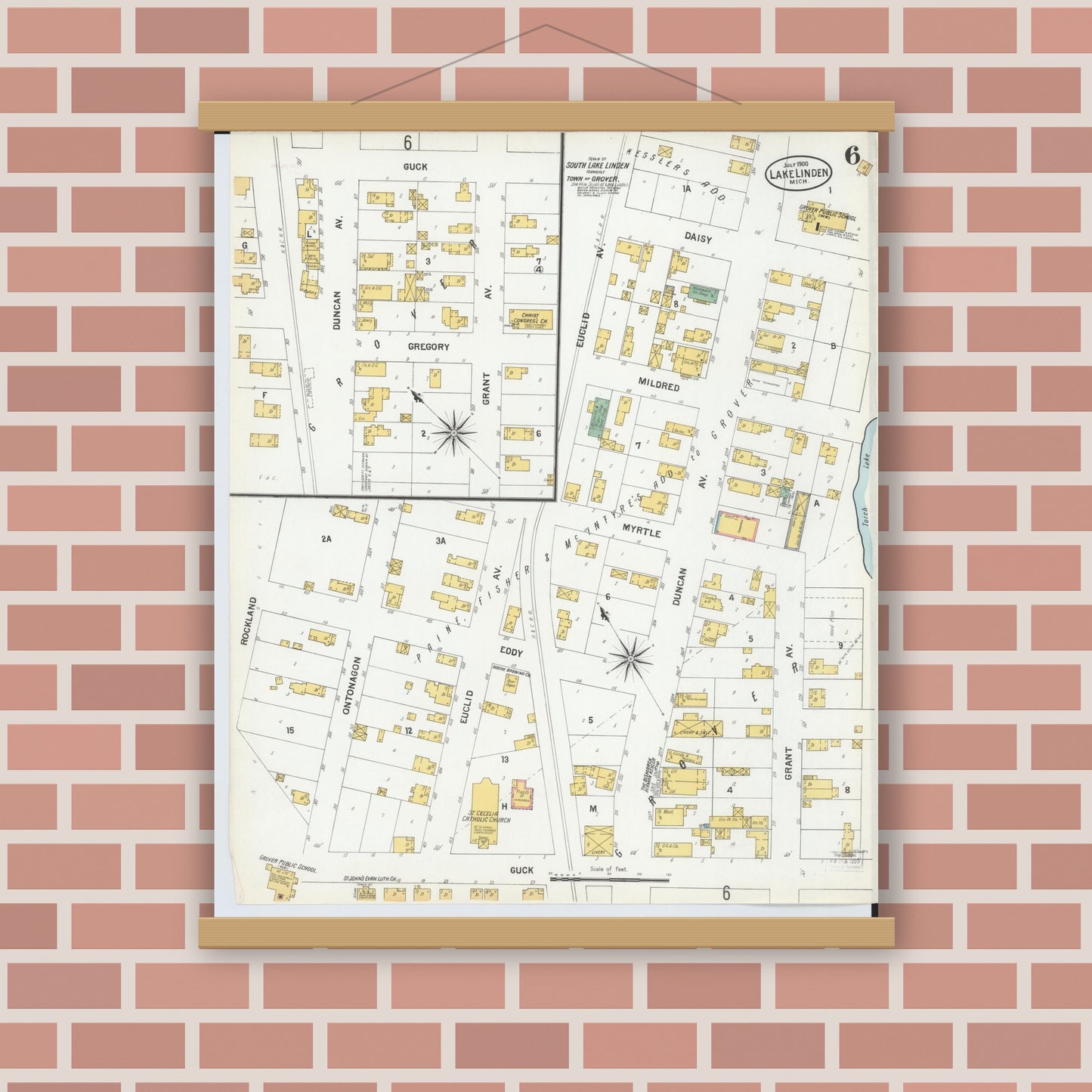 Old map wall art mockup — magnetic wood frame on brick wall — Sanborn Fire Insurance Map from Lake Linden, Houghton County, Michigan (1900), Sheet #0006