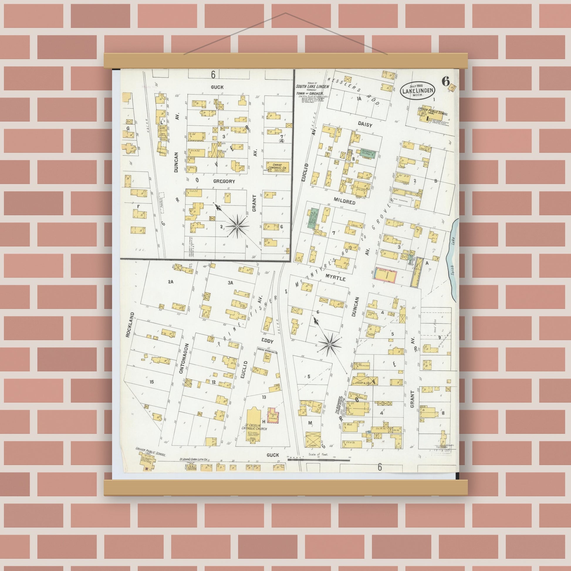 Old map wall art mockup — magnetic wood frame on brick wall — Sanborn Fire Insurance Map from Lake Linden, Houghton County, Michigan (1900), Sheet #0006