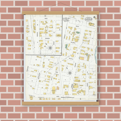 Old map wall art mockup — magnetic wood frame on brick wall — Sanborn Fire Insurance Map from Lake Linden, Houghton County, Michigan (1900), Sheet #0006