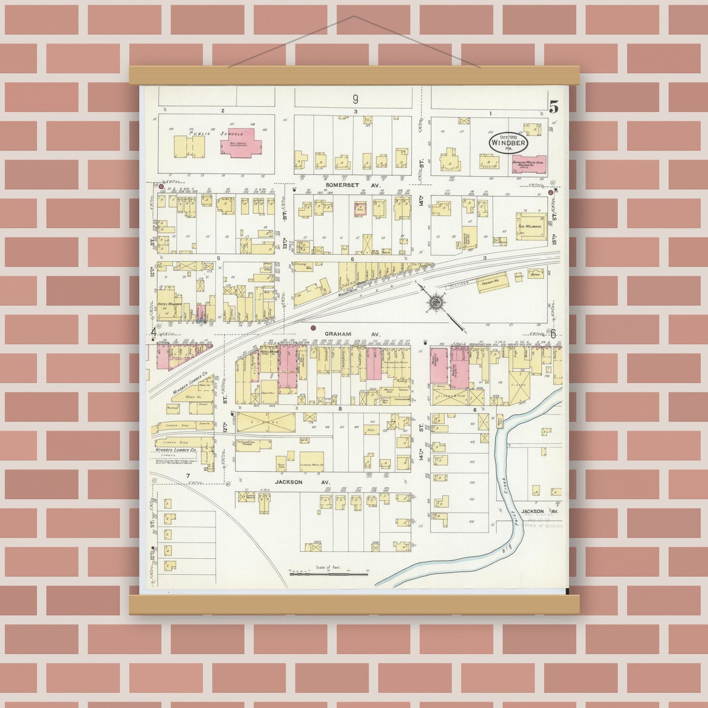 Old map wall art mockup — magnetic wood frame on brick wall — Sanborn Fire Insurance Map from Windber, Somerset County, Pennsylvania (1910), Sheet #0005