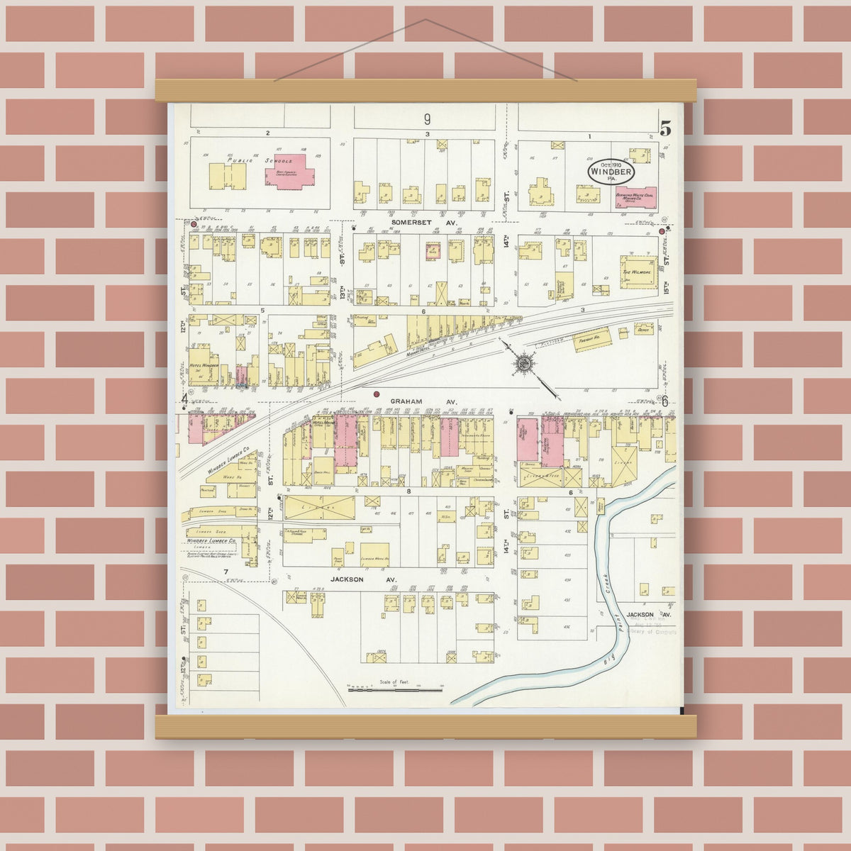 Old map wall art mockup — magnetic wood frame on brick wall — Sanborn Fire Insurance Map from Windber, Somerset County, Pennsylvania (1910), Sheet #0005