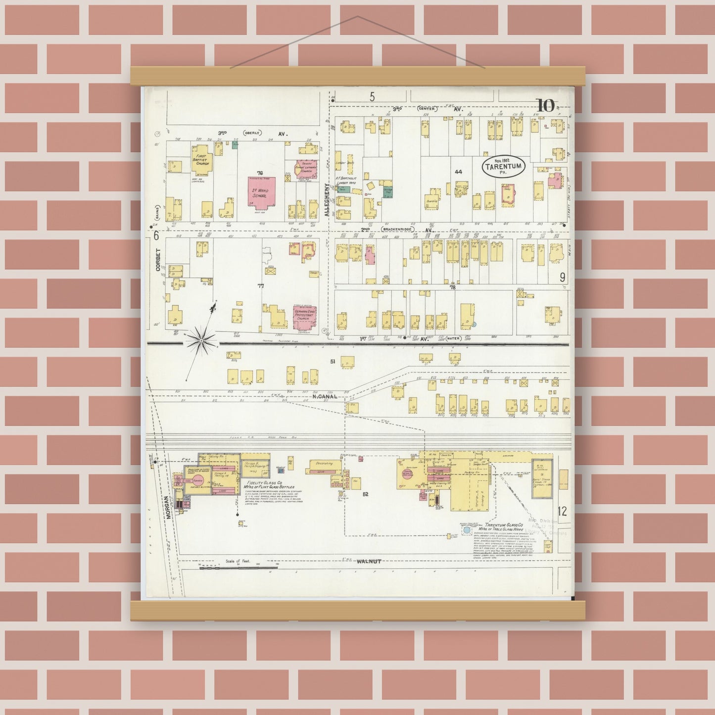 Old map wall art mockup — magnetic wood frame on brick wall — Sanborn Fire Insurance Map from Tarentum, Allegheny County, Pennsylvania (1902), Sheet #0010
