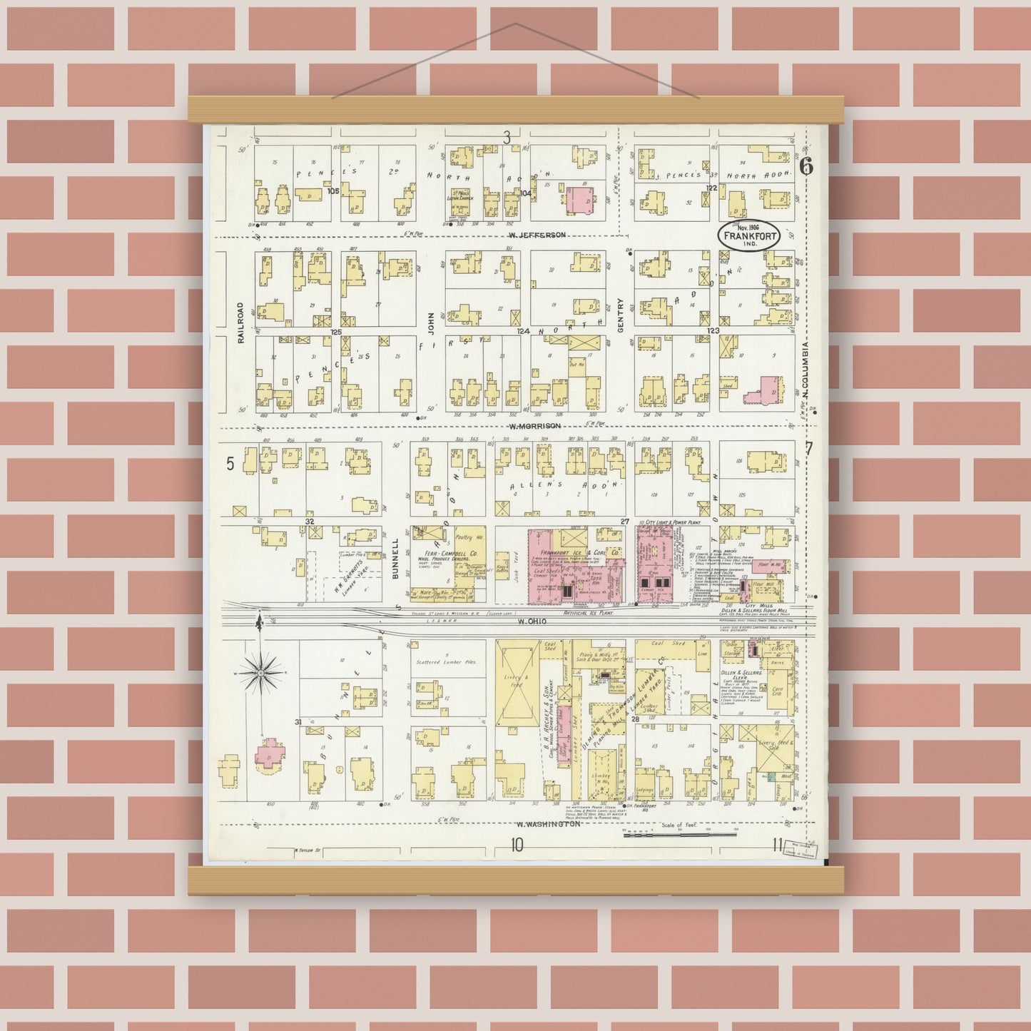 Old map wall art mockup — magnetic wood frame on brick wall — Sanborn Fire Insurance Map from Frankfort, Clinton County, Indiana (1906), Sheet #0006