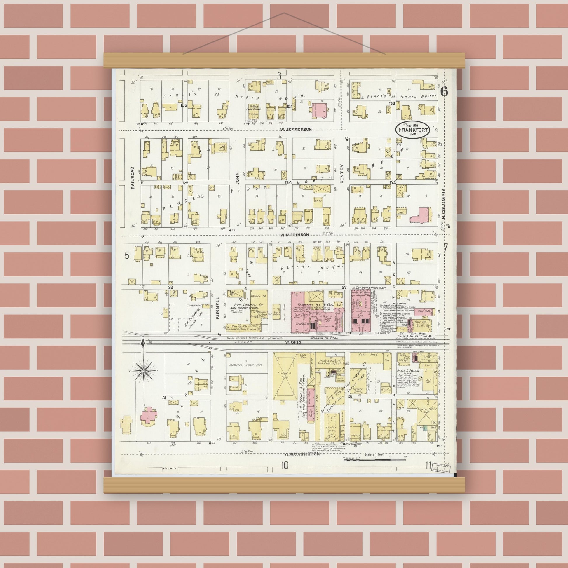 Old map wall art mockup — magnetic wood frame on brick wall — Sanborn Fire Insurance Map from Frankfort, Clinton County, Indiana (1906), Sheet #0006