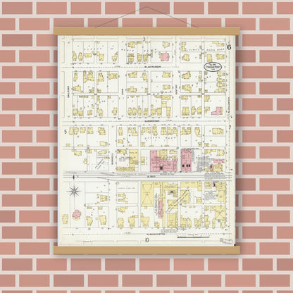 Old map wall art mockup — magnetic wood frame on brick wall — Sanborn Fire Insurance Map from Frankfort, Clinton County, Indiana (1906), Sheet #0006