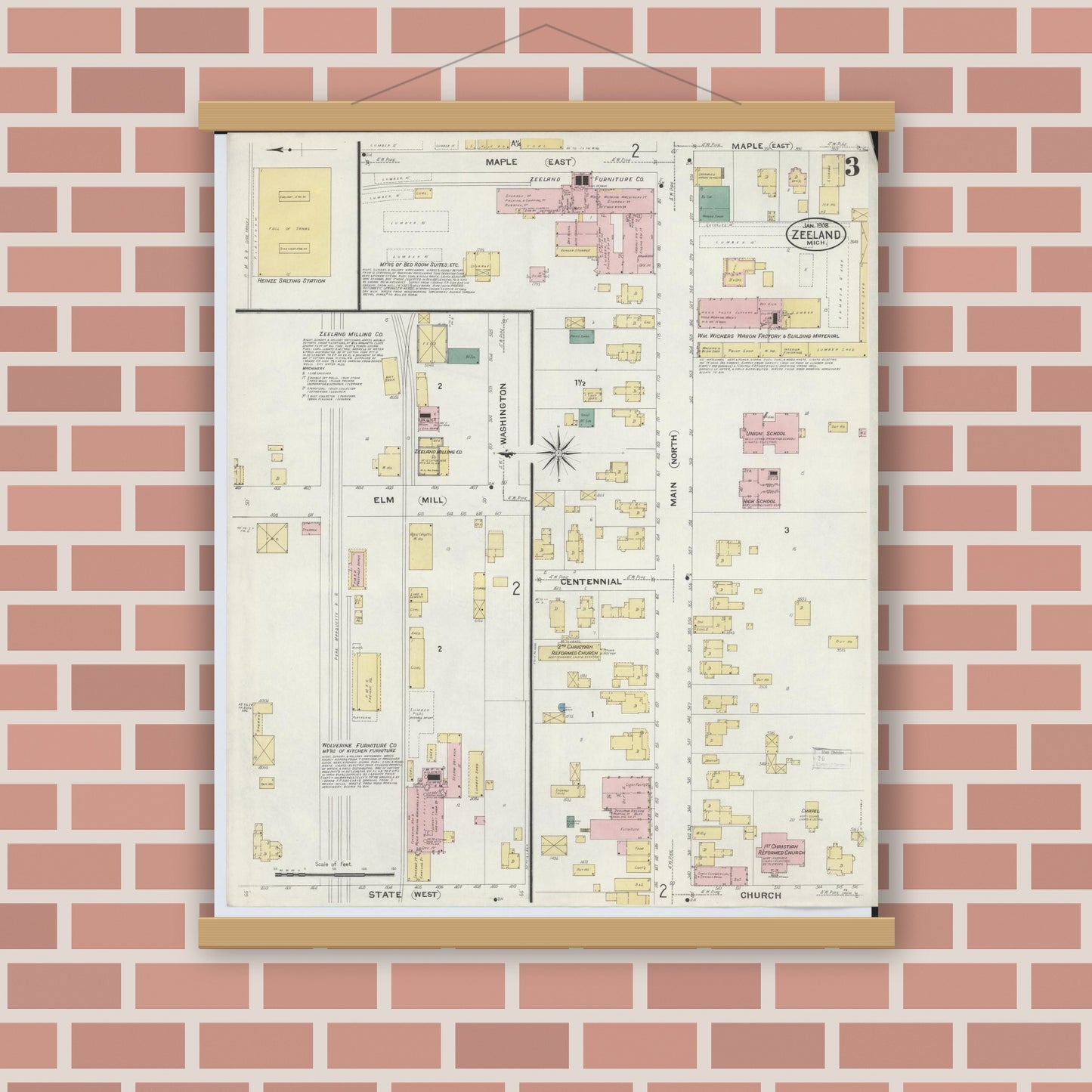 Old map wall art mockup — magnetic wood frame on brick wall — Sanborn Fire Insurance Map from Zeeland, Ottawa County, Michigan (1908), Sheet #0003