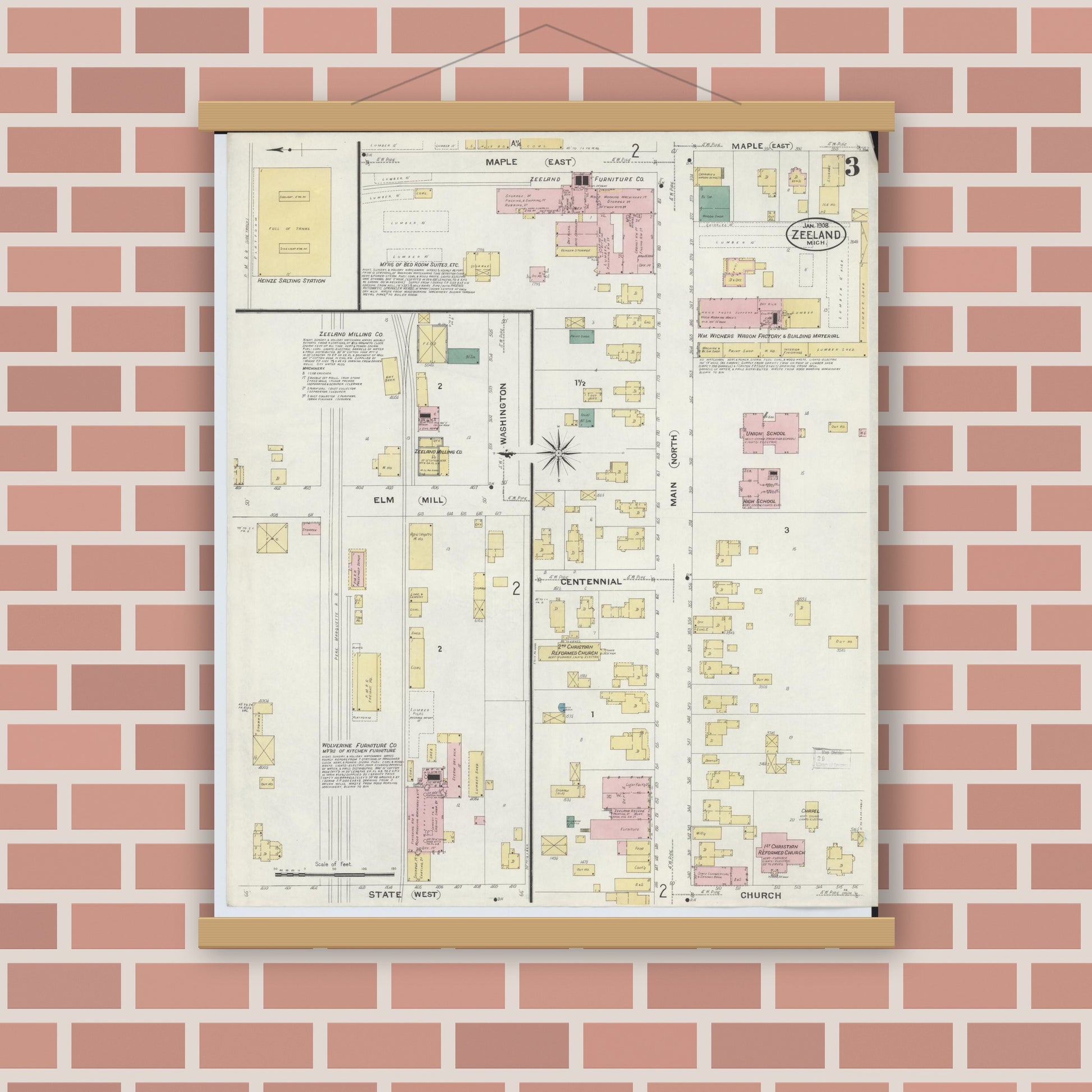 Old map wall art mockup — magnetic wood frame on brick wall — Sanborn Fire Insurance Map from Zeeland, Ottawa County, Michigan (1908), Sheet #0003