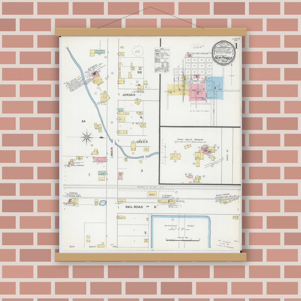 Old map wall art mockup — magnetic wood frame on brick wall — Sanborn Fire Insurance Map from New Prague, Scott And Le Sueur, Minnesota (1892) - Complete Map Set