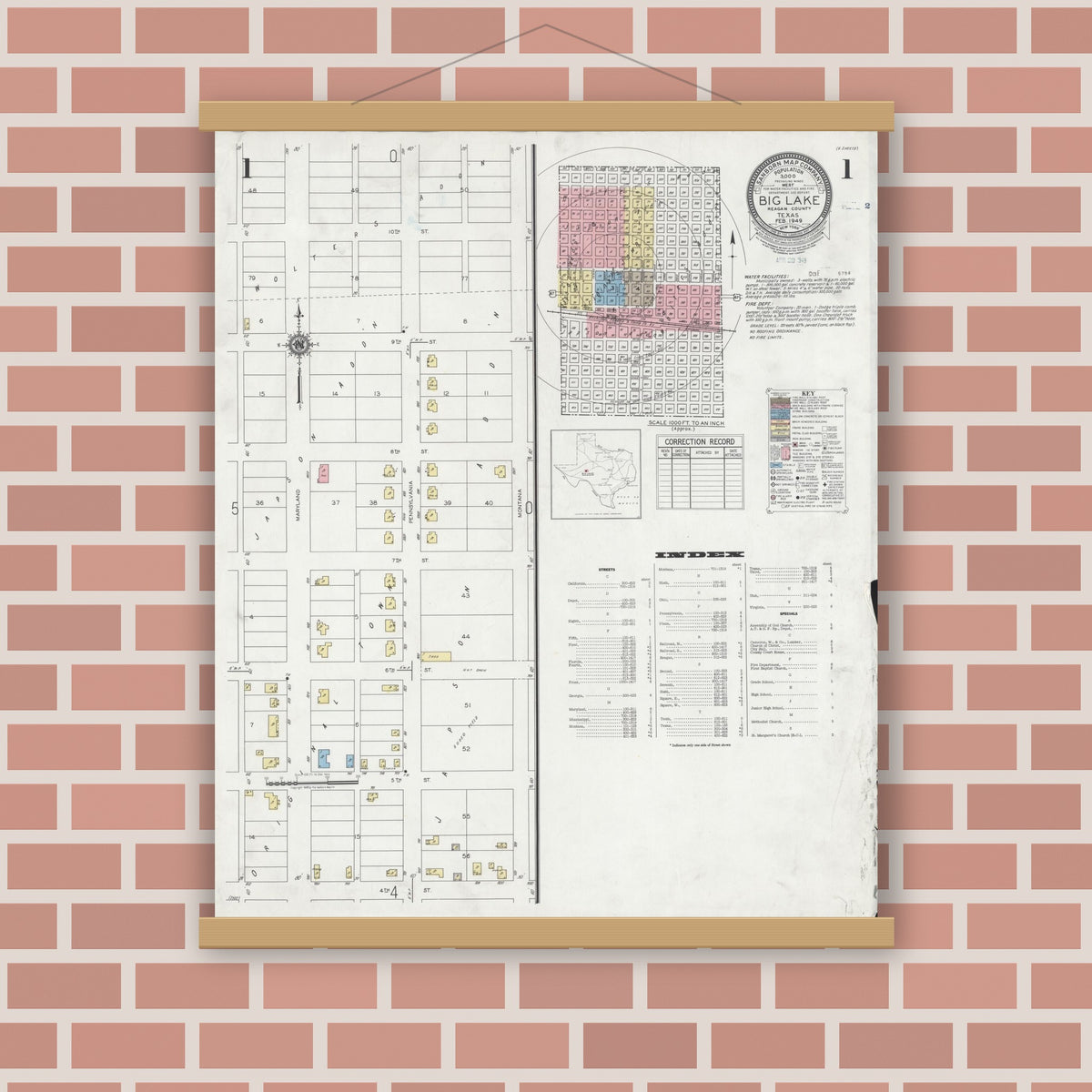Old map wall art mockup — magnetic wood frame on brick wall — Sanborn Fire Insurance Map from Big Lake, Reagan County, Texas (1949), Sheet #0001