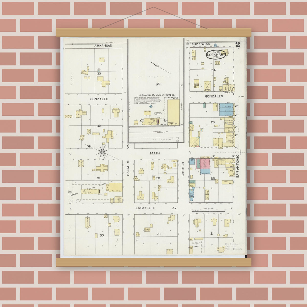 Old map wall art mockup — magnetic wood frame on brick wall — Sanborn Fire Insurance Map from Lockhart, Caldwell County, Texas (1894), Sheet #0002