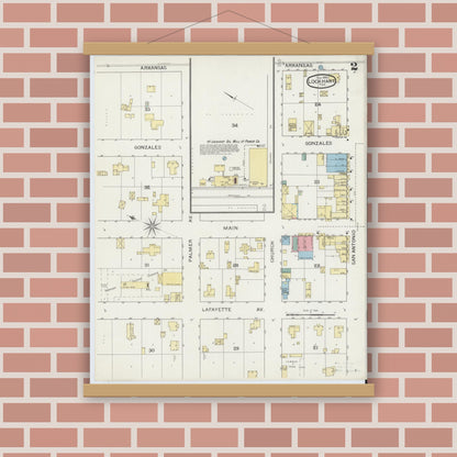 Old map wall art mockup — magnetic wood frame on brick wall — Sanborn Fire Insurance Map from Lockhart, Caldwell County, Texas (1894), Sheet #0002