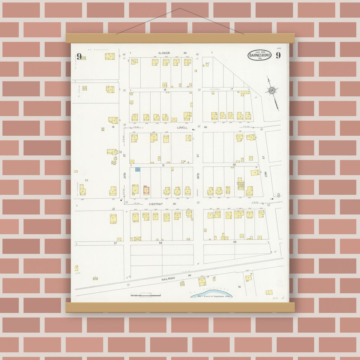 Old map wall art mockup — magnetic wood frame on brick wall — Sanborn Fire Insurance Map from Barnesboro, Cambria County, Pennsylvania (1930), Sheet #0009