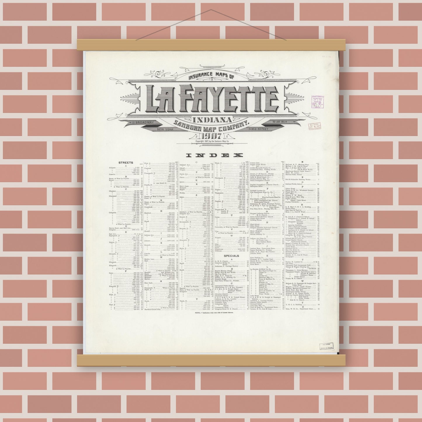 Old map wall art mockup — magnetic wood frame on brick wall — Sanborn Fire Insurance Map from Lafayette, Tippecanoe County, Indiana (1907), Sheet #0001