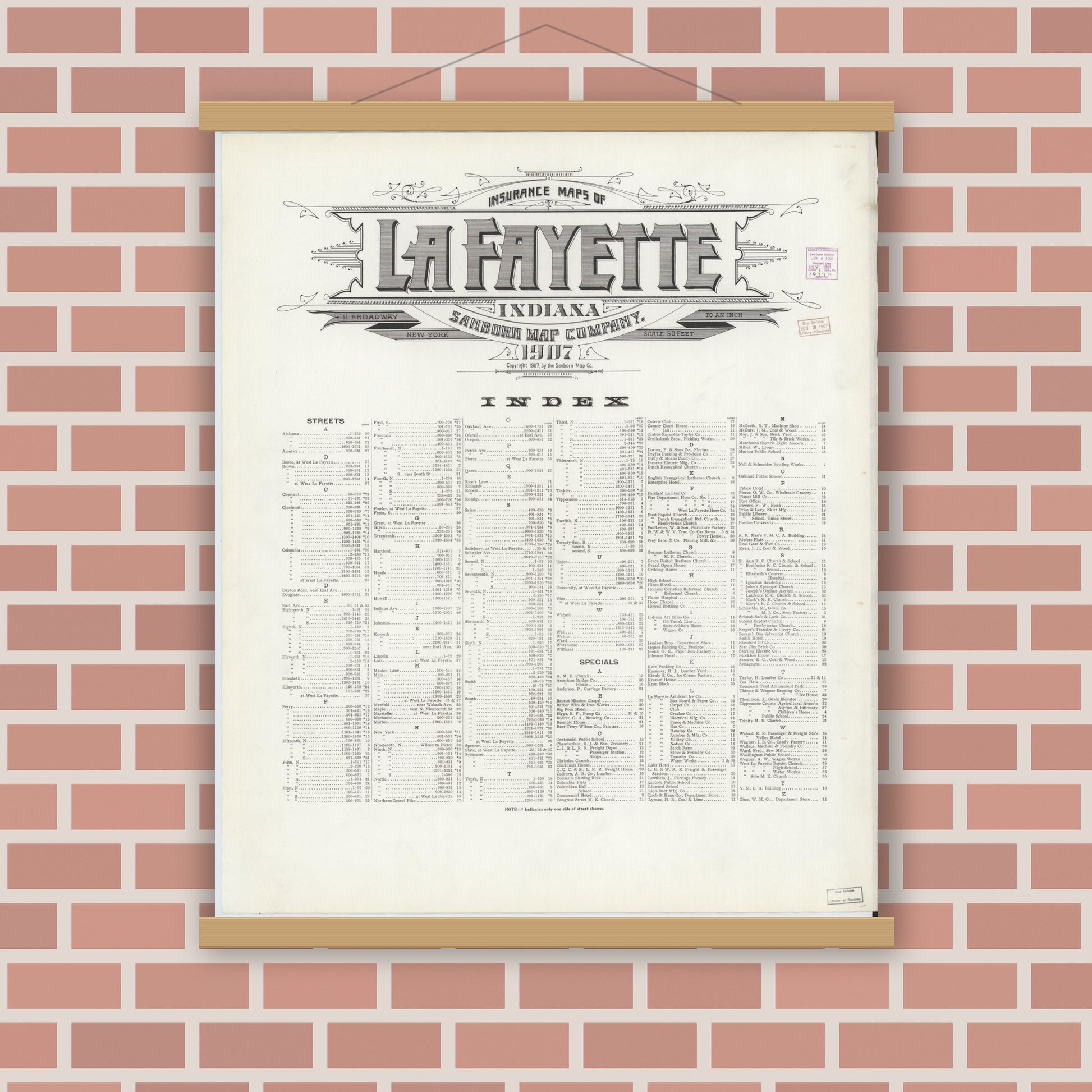 Old map wall art mockup — magnetic wood frame on brick wall — Sanborn Fire Insurance Map from Lafayette, Tippecanoe County, Indiana (1907), Sheet #0001