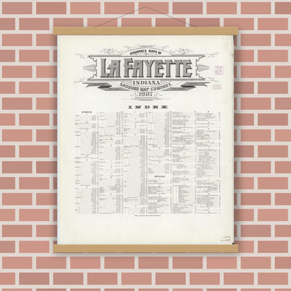 Old map wall art mockup — magnetic wood frame on brick wall — Sanborn Fire Insurance Map from Lafayette, Tippecanoe County, Indiana (1907), Sheet #0001