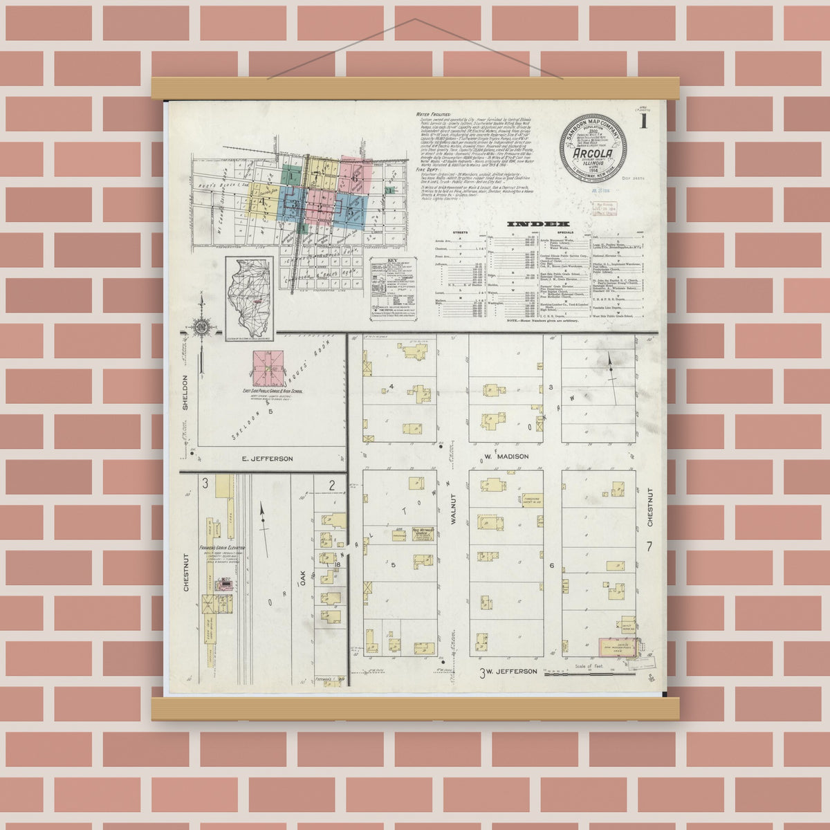 Old map wall art mockup — magnetic wood frame on brick wall — Sanborn Fire Insurance Map from Arcola, Douglas County, Illinois (1914), Sheet #0001