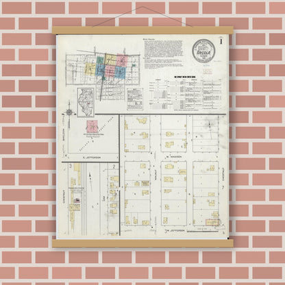Old map wall art mockup — magnetic wood frame on brick wall — Sanborn Fire Insurance Map from Arcola, Douglas County, Illinois (1914), Sheet #0001