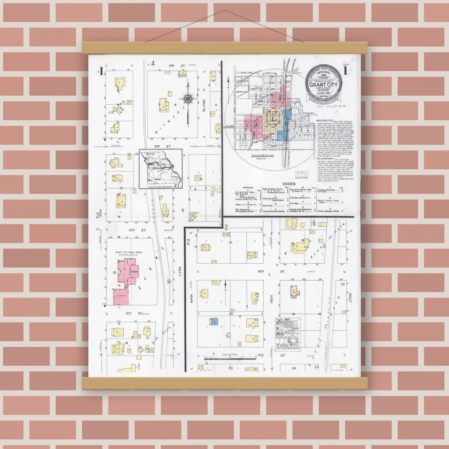 Old map wall art mockup — magnetic wood frame on brick wall — Sanborn Fire Insurance Map from Grant City, Worth County, Missouri (1928) - Complete Map Set