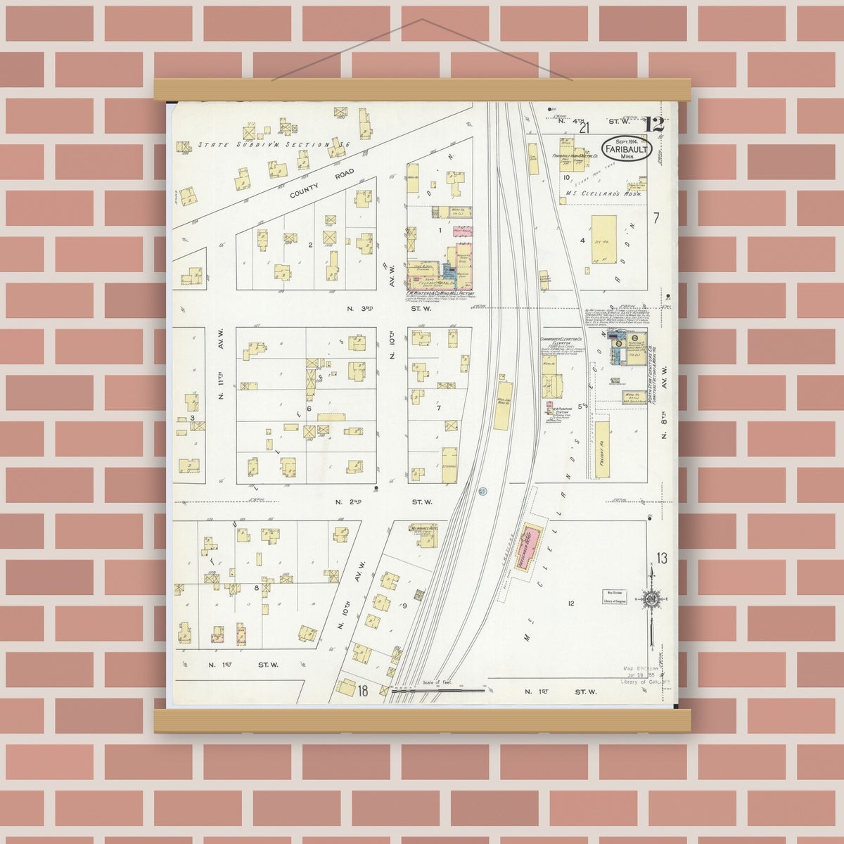 Old map wall art mockup — magnetic wood frame on brick wall — Sanborn Fire Insurance Map from Faribault, Rice County, Minnesota (1914), Sheet #0012