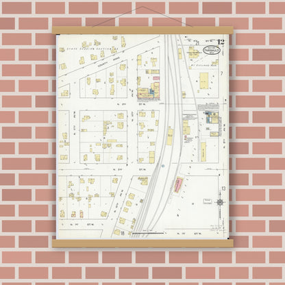 Old map wall art mockup — magnetic wood frame on brick wall — Sanborn Fire Insurance Map from Faribault, Rice County, Minnesota (1914), Sheet #0012