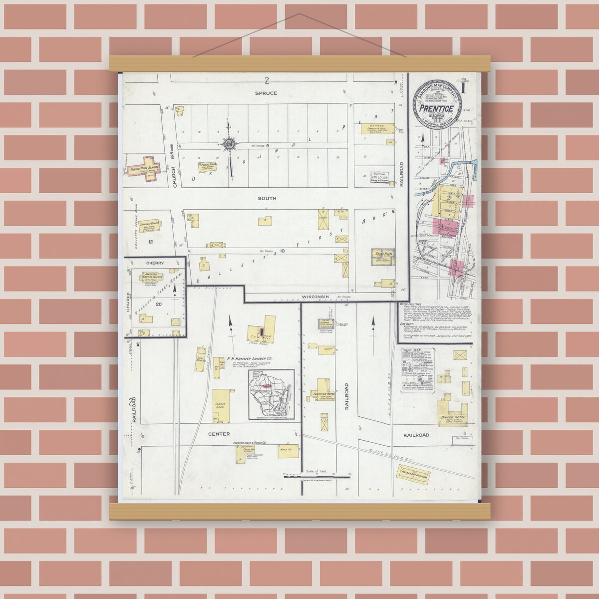 Old map wall art mockup — magnetic wood frame on brick wall — Sanborn Fire Insurance Map from Prentice, Price County, Wisconsin (1919), Sheet #0001