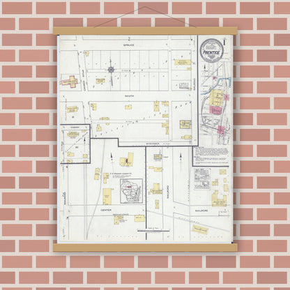 Old map wall art mockup — magnetic wood frame on brick wall — Sanborn Fire Insurance Map from Prentice, Price County, Wisconsin (1919), Sheet #0001