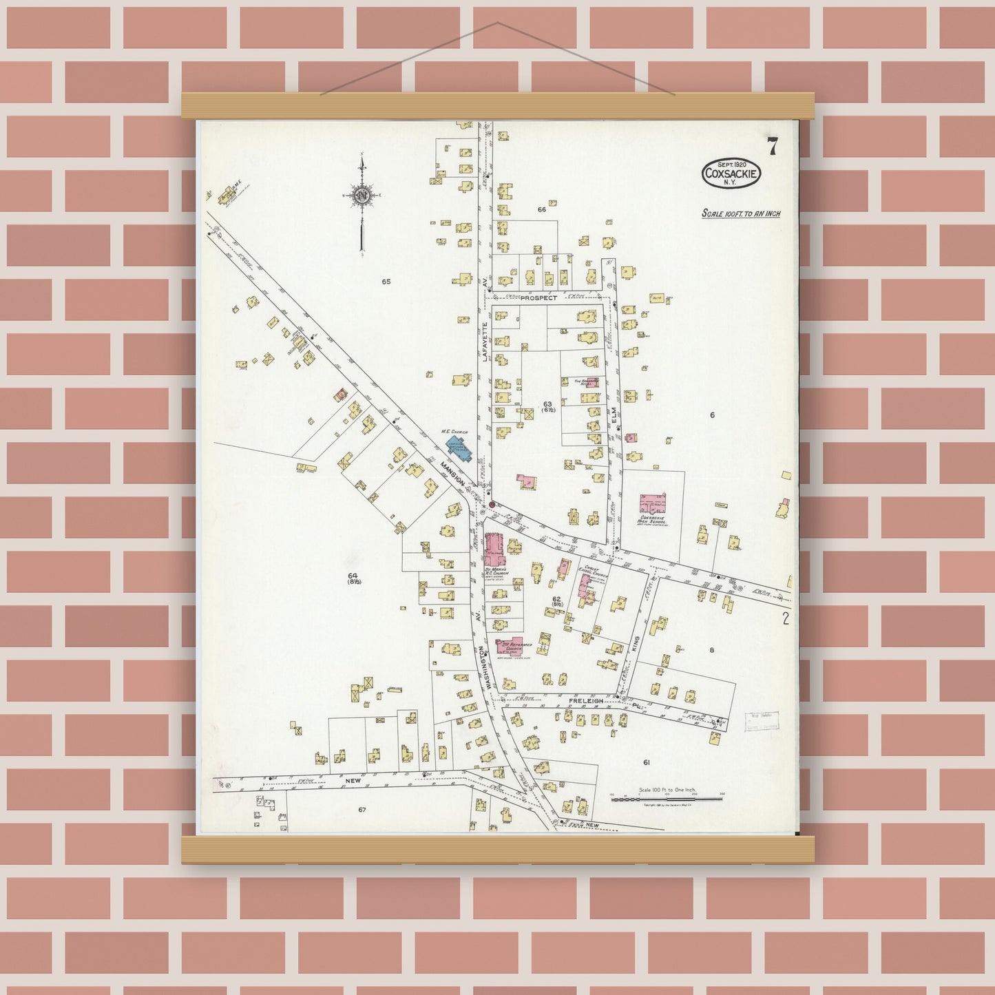 Old map wall art mockup — magnetic wood frame on brick wall — Sanborn Fire Insurance Map from Coxsackie, Greene County, New York (1920), Sheet #0007